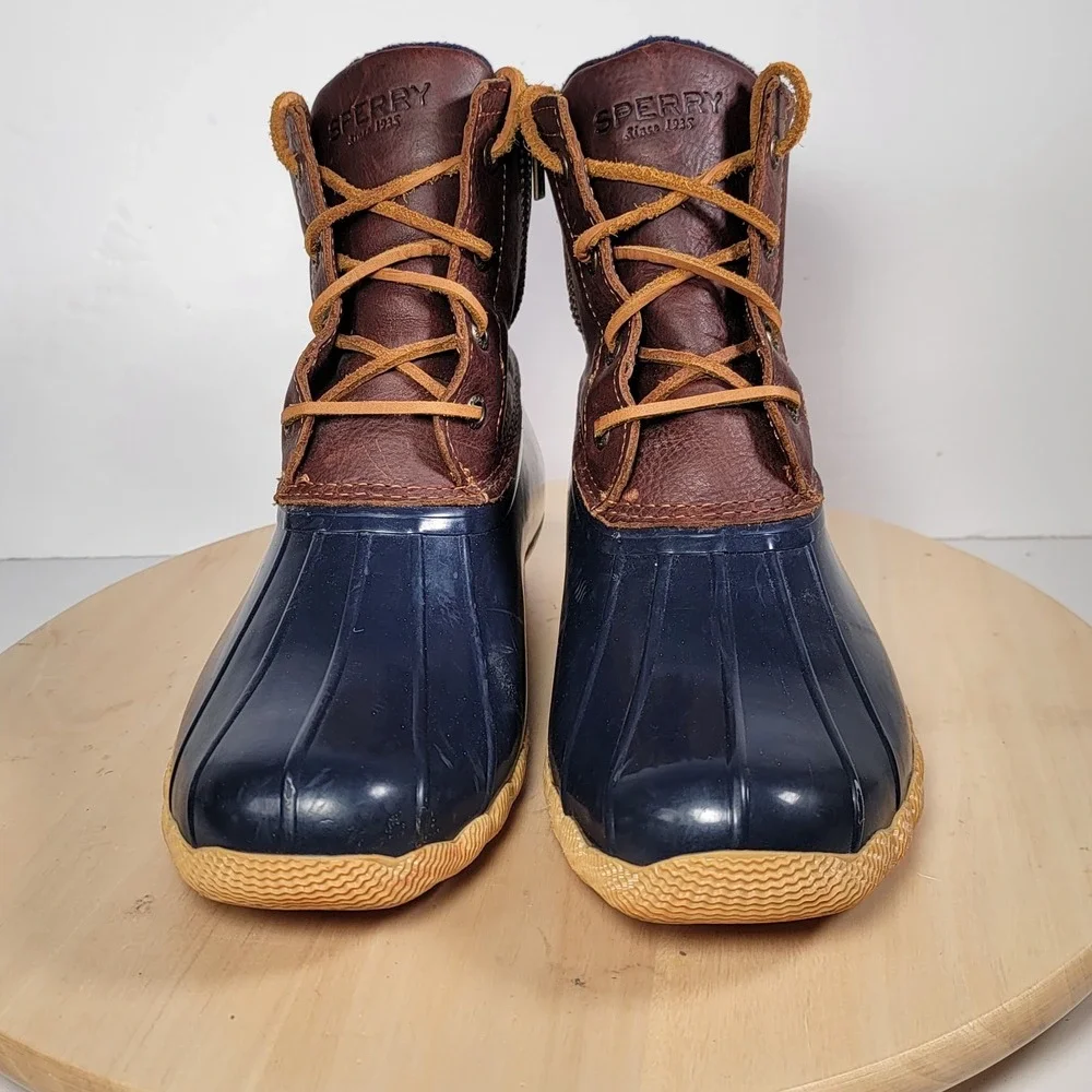 Sperry Saltwater Duck Boots Navy Blue And Brown Women Size 8